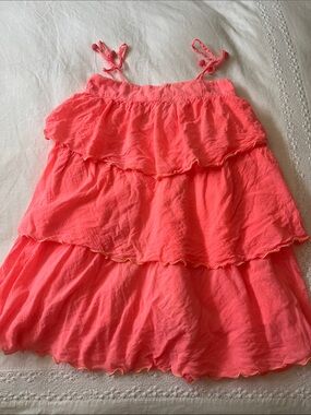 Sunuva Neon Orange Tiered Cotton Dress with Adjustable Shoulder Ties, Size 13-14